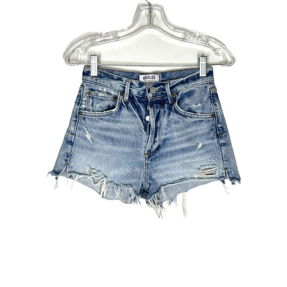 Agolde Sz 24 Jaden Denim Jean Shorts in Surreal Distressed Button Fly - Picture 4 of 10